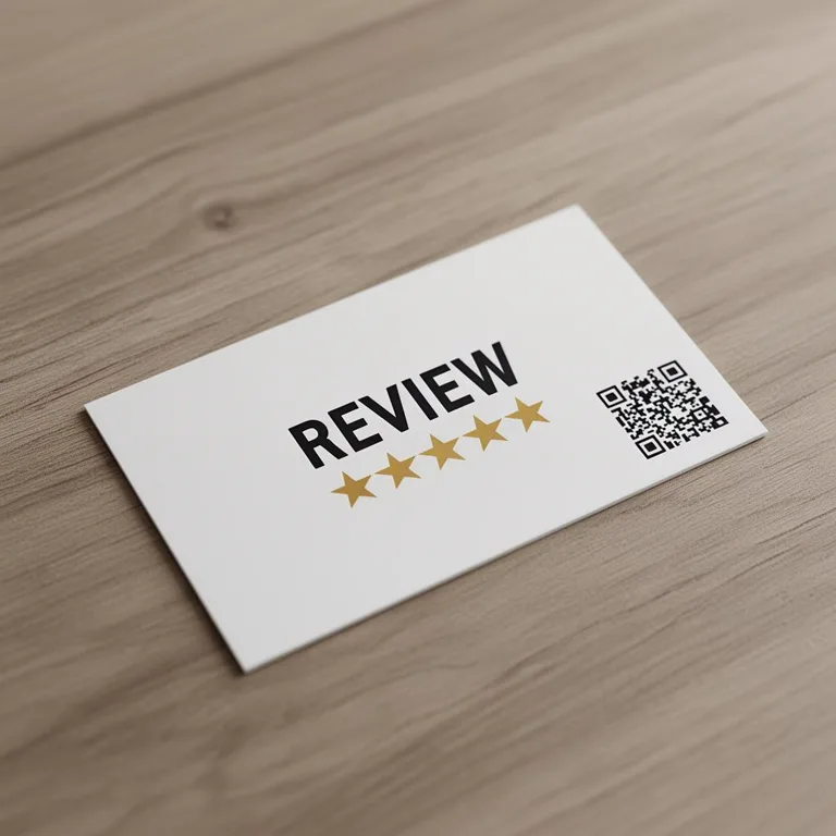 Customer review speech bubble with five stars next to a QR code