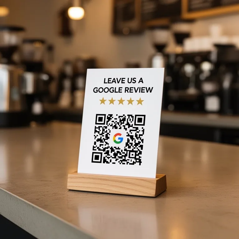 Restaurant storefront window decal with a QR code linking to Google reviews