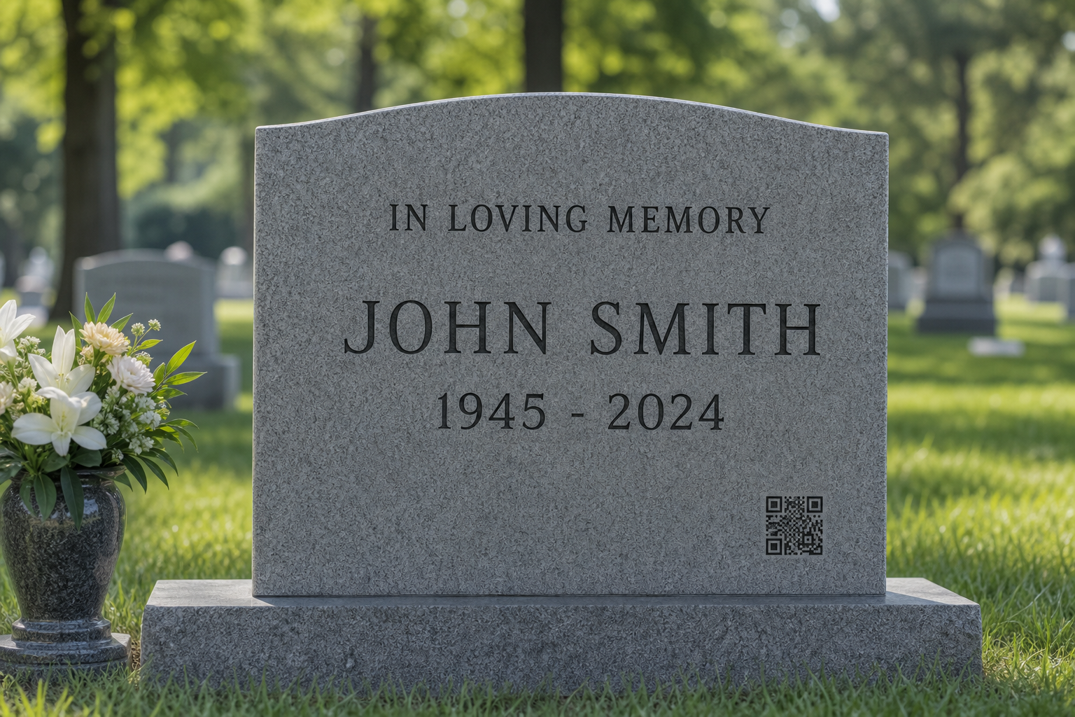 Memorial headstone engraved with a discreet QR code linking to a tribute page