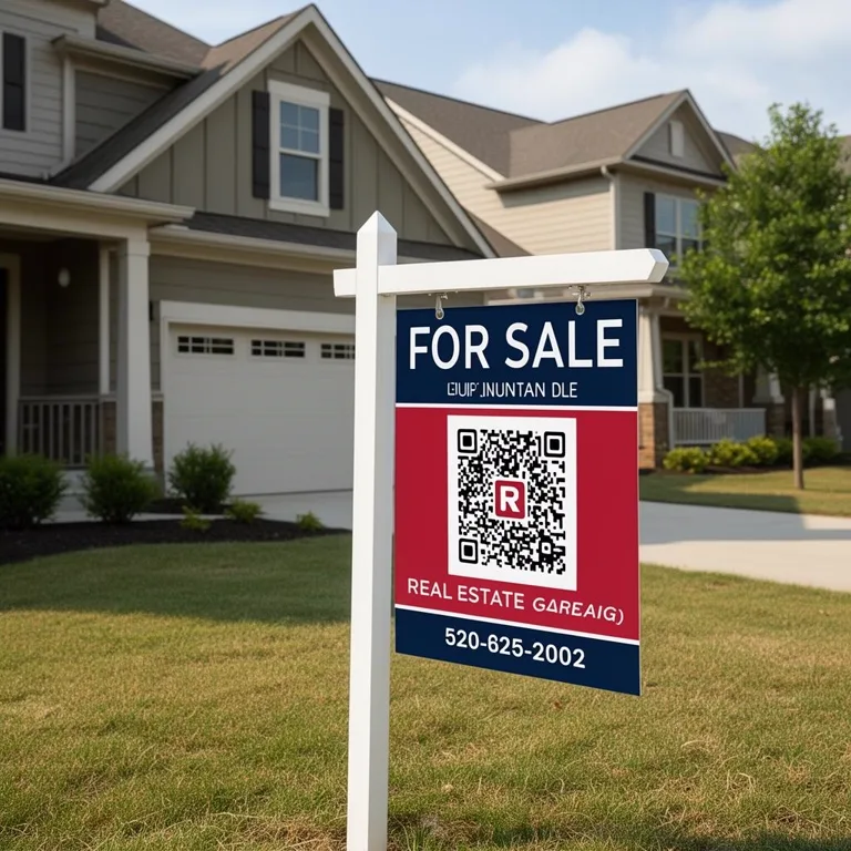 Real estate For Sale yard sign with a QR code linking to the current listing